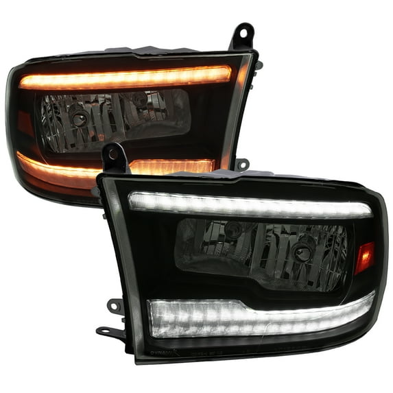 Spec-D Tuning Black Smoke Switchback Sequential LED Signal Strip Headlights Compatible with 2009-2018 Dodge Ram 1500, 2010-2018 Ram 2500 3500, Left + Right Pair Headlamps Assembly