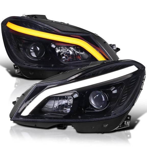 Spec-D Tuning Black Smoke Switchback Sequential LED Tube Projector Headlights Compatible with 2012-2014 Mercedes-Benz W204 C-Class C250 C300 C350 C63, Left + Right Pair Headlamps Assembly