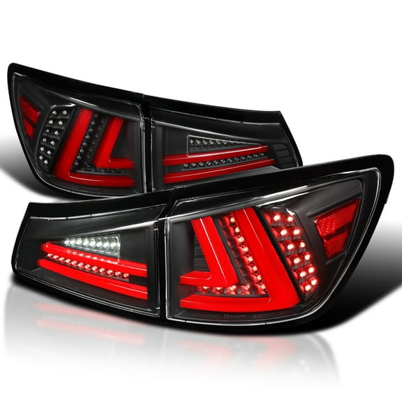 Spec-D Tuning Black Tail Lights w/ Red LED Bar Compatible with 2006-2008 Lexus IS250 IS350, Left + Right Pair Assembly