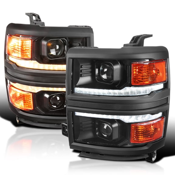 Spec-D Tuning Black w/ Black Trim Projector Headlights w/ Sequential Switchback LED Strip and Startup Animation Compatible with 2014-2015 Chevy Silverado 1500, Left + Right Pair Headlamps Assembly