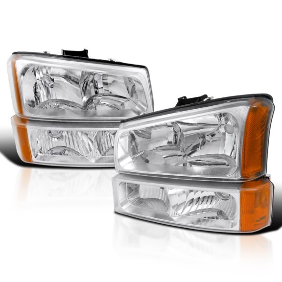 Spec-D Tuning Chrome Amber Headlights + Bumper Lights Compatible with 2003-2007 Chevy Silverado, Left + Right Pair Headlamps Assembly