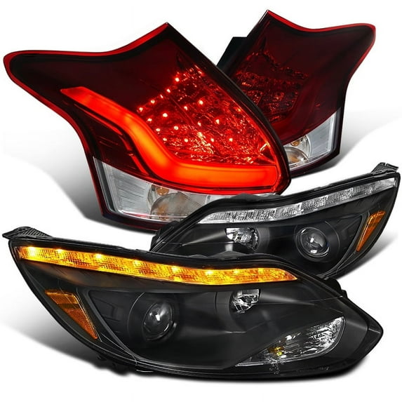 Spec-D Tuning Chrome Dual Halo Projector Headlight + Bumper LED Fog Lamp Compatible with Ford Focus Hatchback Left + Right Pair Headlamps Assembly