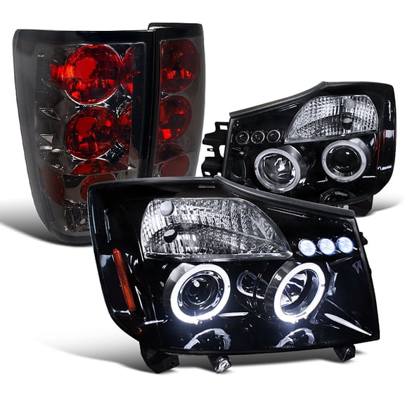 Spec-D Tuning Chrome Dual Halo Projector Headlight W/ Bumper LED Fog Lamp Compatible with Titan Left + Right Pair Headlamps Assembly