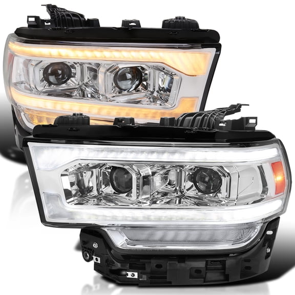 Spec-D Tuning Chrome Dual Projector Headlights w/ Sequential LED Turn Signal and Startup Animation Compatible with 2019-2024 Dodge Ram 2500, 3500, 4500, Left + Right Pair Headlamps Assembly
