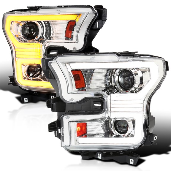 Spec-D Tuning Chrome Dual Projector Headlights w/ Switchback Sequential LED Tube Signal Compatible with 2015-2017 Ford F150 Left + Right Pair Headlamps Assembly