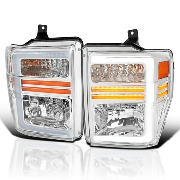 Spec-D Tuning Chrome Factory Style Headlights with Sequential LED Turn Signal Compatible with 2008-2010 Ford F-250, F-350, F-450, F-550 Super Duty, Left + Right Pair Headlamps Assembly