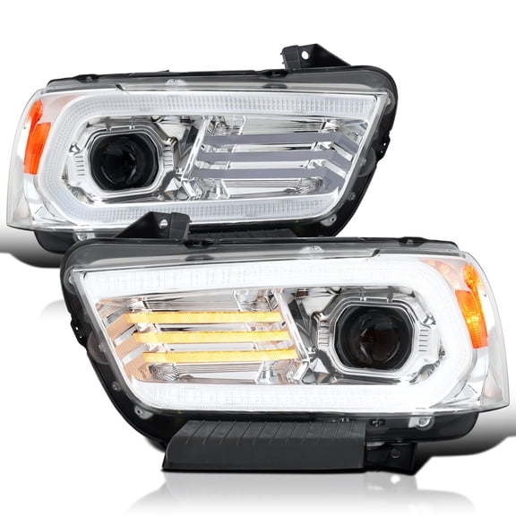 Spec-D Tuning Chrome HID Projector Headlights w/ Sequential Turn Signal and Dynamic LED DRL with Startup Animation, Compatible with 2011-2014 Dodge Charger, Left + Right Headlamp Assembly