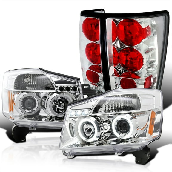 Spec-D Tuning Chrome Halo LED Projector Headlight + Clear Rear Tail Lamp Compatible with 2004-2015 Nissan Titan Left + Right Pair Headlamps Assembly