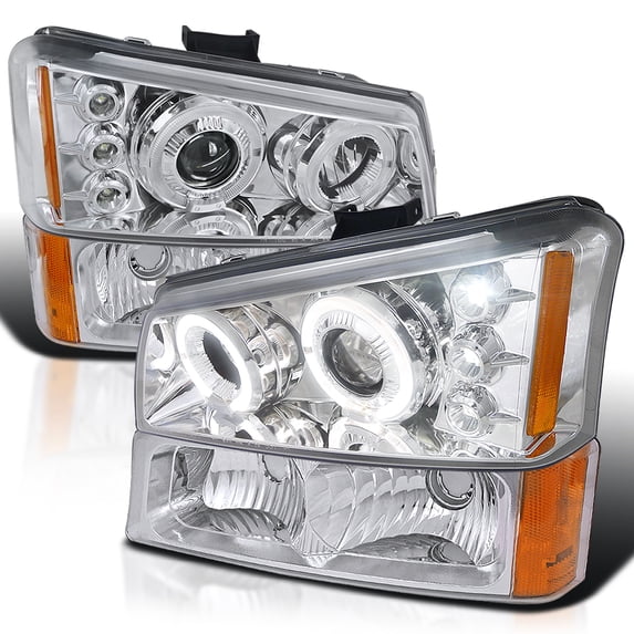 Spec-D Tuning Chrome Halo LED Projector Headlights + Chrome Bumper Lights Compatible with 2003-2006 Chevy Silverado, Left + Right Pair Headlamps Assembly