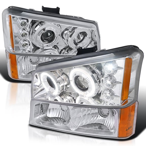 Spec-D Tuning Chrome Halo LED Projector Headlights + Chrome Bumper Lights Compatible with 2003-2006 Chevy Silverado, Left + Right Pair Headlamps Assembly