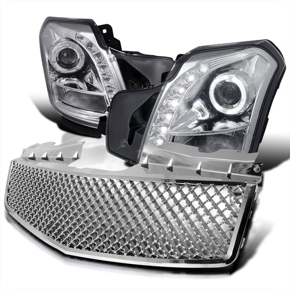 Spec-D Tuning Chrome Halo LED Projector Headlights Mesh Style Grille Compatible with 2003-2007 Cadillac Cts Base V 4 Door Left + Right Pair Headlamps Assembly