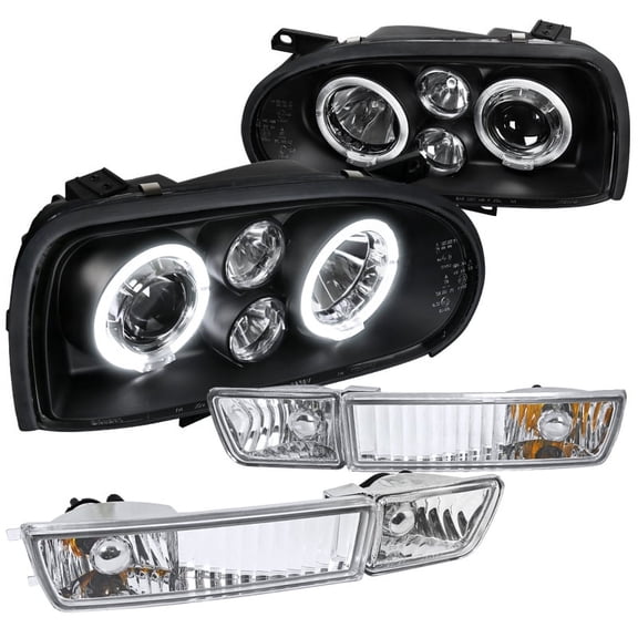 Spec-D Tuning Chrome Halo LED Projector Headlights Mesh Style Grille Compatible with Golf MK3 Left + Right Pair Headlamps Assembly