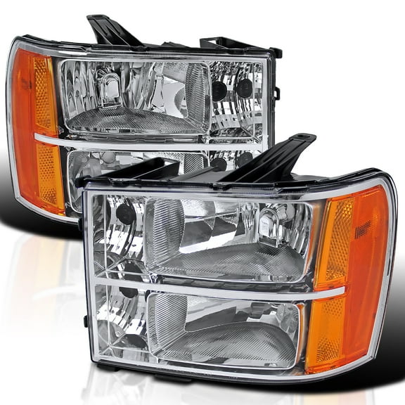 Spec-D Tuning Chrome Headlights Amber Compatible with 2007-2013 GMC Sierra 1500, 2007-2014 GMC Sierra Denali, 2009-2013 GMC Sierra Hybrid, L+R Pair Head Light Lamp Assembly