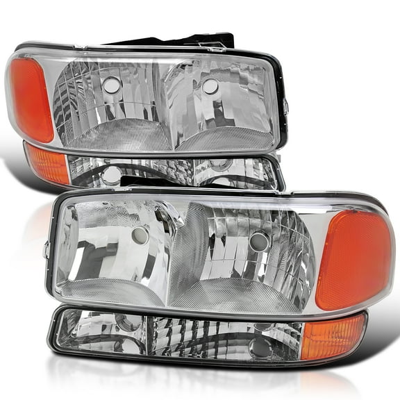 Spec-D Tuning Chrome Headlights + Bumper Lights Compatible with 1999-2006 GMC Sierra 1500 2500 3500, Left + Right Pair Headlamp Assembly
