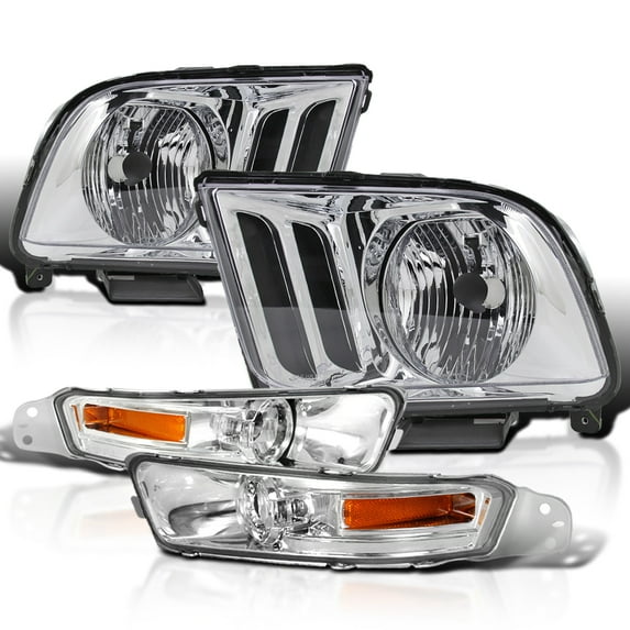Spec-D Tuning Chrome Headlights + Bumper Lights Compatible with 2005-2009 Ford Mustang, Left + Right Pair Headlamps Assembly