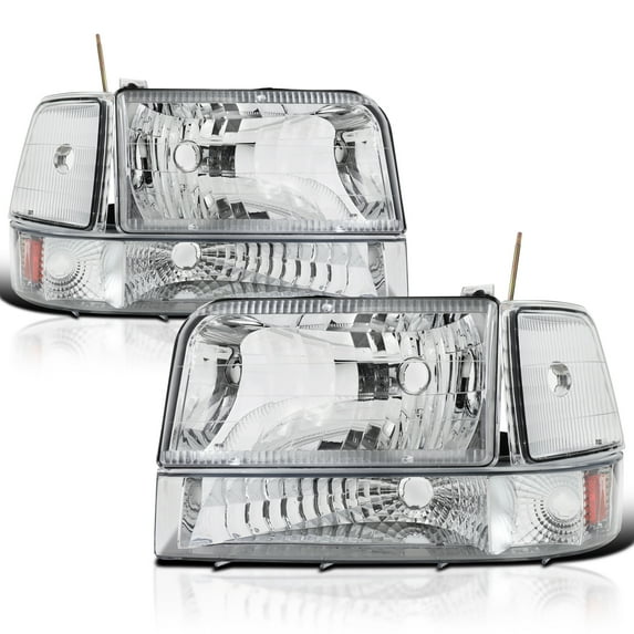 Spec-D Tuning Chrome Headlights + Bumper Lights + Corner Lamps Compatible with 1992-1996 Ford F150 F250 F350 Bronco, Left + Right Pair Headlamps Assembly