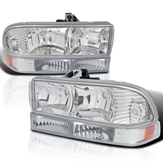 Spec-D Tuning Chrome Headlights + Chrome Bumper Lights Compatible with 1998-2004 Chevy S10, Blazer, Left + Right Pair Headlamps Assembly