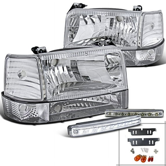 Spec-D Tuning Chrome Headlights + Corner Bumper Lamps + 8-LED Fog Lamp Compatible with Ford F150 F250 F350 Left + Right Pair Headlamps Assembly