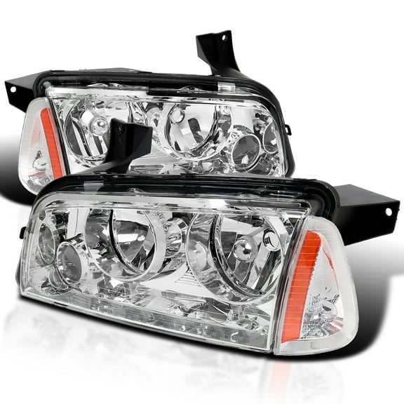 Spec-D Tuning Chrome Headlights + Corner Lights Compatible with 2006-2010 Dodge Charger L+R Pair Head Light Lamp Assembly