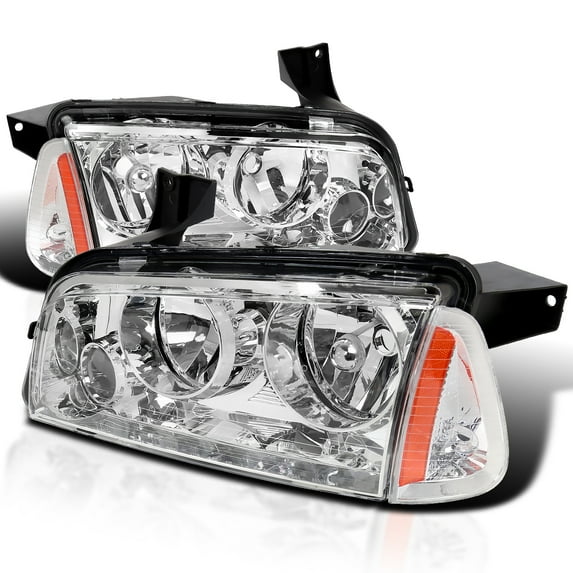 Spec-D Tuning Chrome Headlights + Corner Lights Compatible with 2006-2010 Dodge Charger L+R Pair Head Light Lamp Assembly
