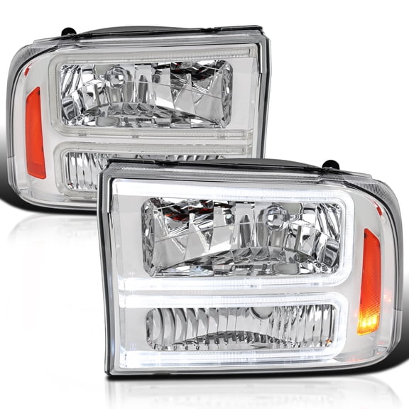 Spec-D Tuning Chrome Headlights with LED Bar Compatible with 1999-2004 Ford F-250, F-350, F-450 SuperDuty, 2000-2004 Excursion, Left + Right Head Lights Assembly