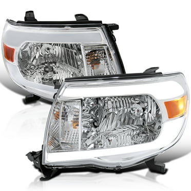 Spec-D Tuning Chrome Headlights w/ Fiber Optic LED Strips and Turn Signal Light Compatible with 2005-2011 Toyota Tacoma, Left + Right Pair Headlamps Assembly