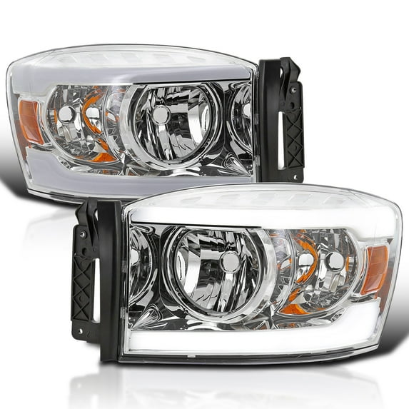 Spec-D Tuning Chrome Headlights w/ LED Bar Compatible with 2006-2008 Dodge Ram 1500 / 2500 / 3500, 2007-2009 Dodge Ram 2500 / 3500, Left + Right Pair Headlamps Assembly