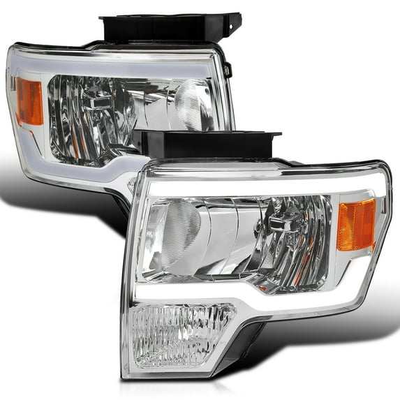 Spec-D Tuning Chrome Headlights w/ LED Tube Compatible with 2009-2014 Ford F150 F-150, Left + Right Pair Headlamps Assembly