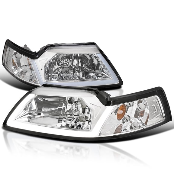 Spec-D Tuning Chrome Headlights with LED Tube Strip Compatible with 1999-2004 Ford Mustang, Left + Right Pair Headlamp Assembly