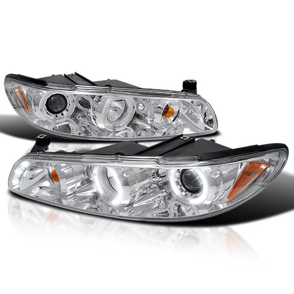 Spec-D Tuning Chrome Housing Clear Lens 1PC LED Halo Projector Headlights + Corner Lights Compatible with 1997-2003 Pontiac Grand Prix, Left + Right Pair Headlamps Assembly