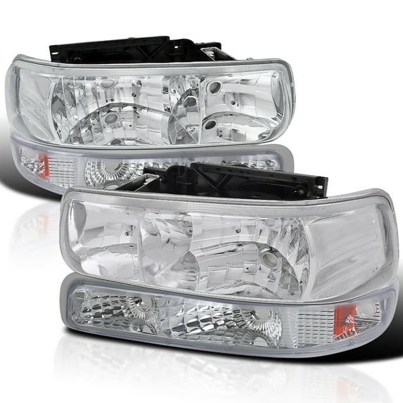 Spec-D Tuning Chrome Housing Clear Lens Headlights + Bumper Lights Compatible with 1999-2002 Chevy Silverado 2000-2006 Tahoe Suburban, Left + Right Pair Headlamps Assembly