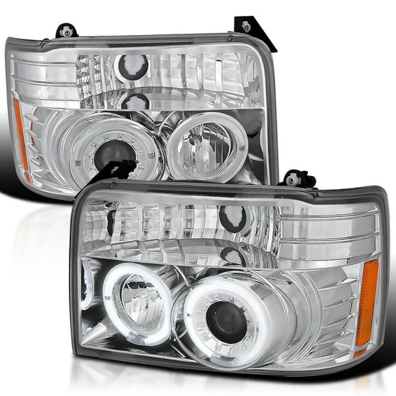 Spec-D Tuning Chrome Housing Clear Lens Projector Headlights Compatible with 1992-1996 Ford F-150/ F-250/ F-350, 1992-1996 Ford Bronco, Left + Right Pair Headlamps Assembly