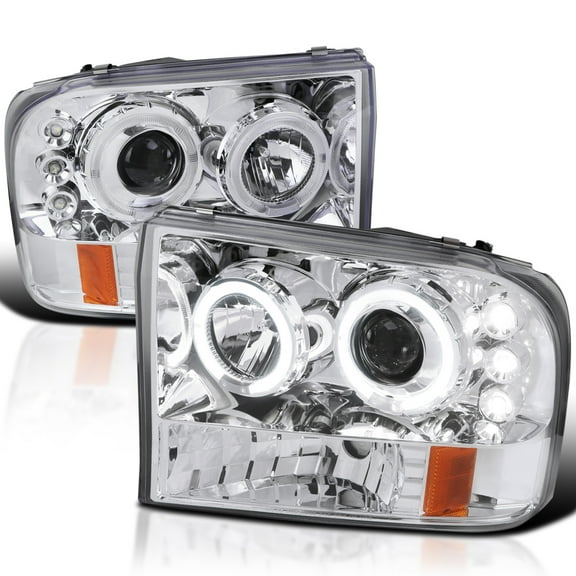 Spec-D Tuning Chrome Housing Clear Lens Projector Headlights Compatible with 1999-2004 Ford F-250 / F-350 / F-450 / F-550 Super Duty, 2000-2004 Ford Excursion, Left + Right Pair Headlamps Assembly
