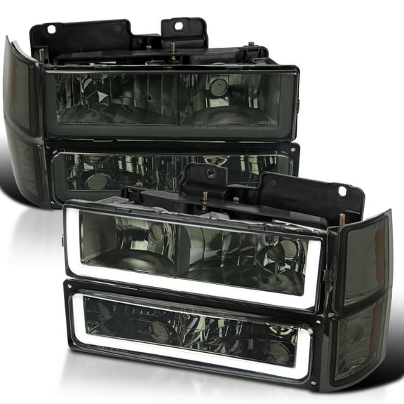 Spec-D Tuning Chrome Housing Smoke Lens Headlights Bumper Lamps w/ LED Tube Compatible with 1994-1998 Chevy C10 C/K 1500/2500/3500 Left + Right Pair Headlamps Assembly