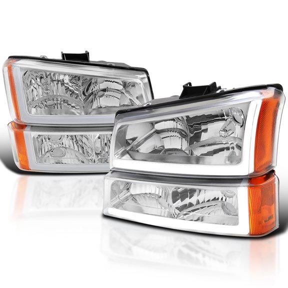 Spec-D Tuning Chrome LED Bar Headlights Compatible with 2003-2007 Chevy Silverado, Left + Right Pair Headlamps Assembly