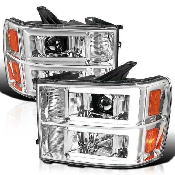 Spec-D Tuning Chrome LED Bar Projector Headlights Compatible with 2007-2013 GMC Sierra Models 1500 1500HD 2500HD 3500HD, Left + Right Pair Headlamps Assembly