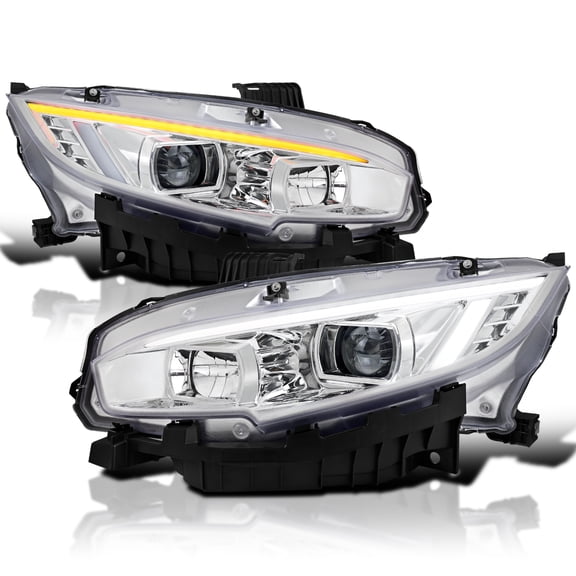 Spec-D Tuning Chrome LED DRL Projector Headlights w/ Switchback & Sequential Signal Compatible with 2016-2021 Honda Civic w/ Factory Halogen Headlamps, Left + Right Assembly