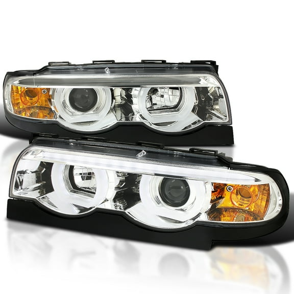 Spec-D Tuning Chrome LED Dual Halo Projector Headlights Compatible with 1995-2001 BMW E38 7-Series, Left + Right Pair Headlamps Assembly