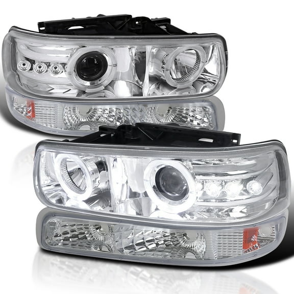 Spec-D Tuning Chrome LED Halo Projector Headlights + Bumper Lights Compatible with 1999-2002 Chevy Silverado 2000-2006 Tahoe, Left + Right Pair Headlamps Assembly