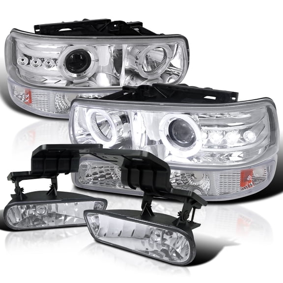 Spec-D Tuning Chrome LED Halo Projector Headlights + Bumper Lights + Fog Lamps Compatible with 1999-2002 Chevy Silverado Left + Right Pair Headlamps Assembly