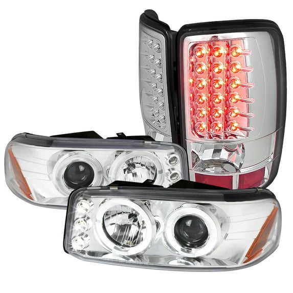 Spec-D Tuning Chrome LED Halo Projector Headlights + LED Bumper Fog Lamps Compatible with GMC Yukon Denali Left + Right Pair Headlamps Assembly