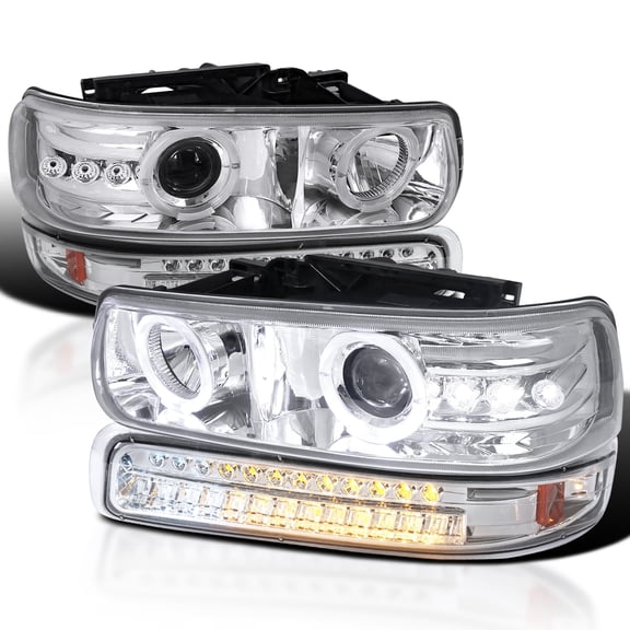 Spec-D Tuning Chrome LED Halo Projector Headlights + LED Bumper Lights Compatible with 1999-2002 Chevy Silverado 1500 2500 3500, Left + Right Pair Headlamps Assembly
