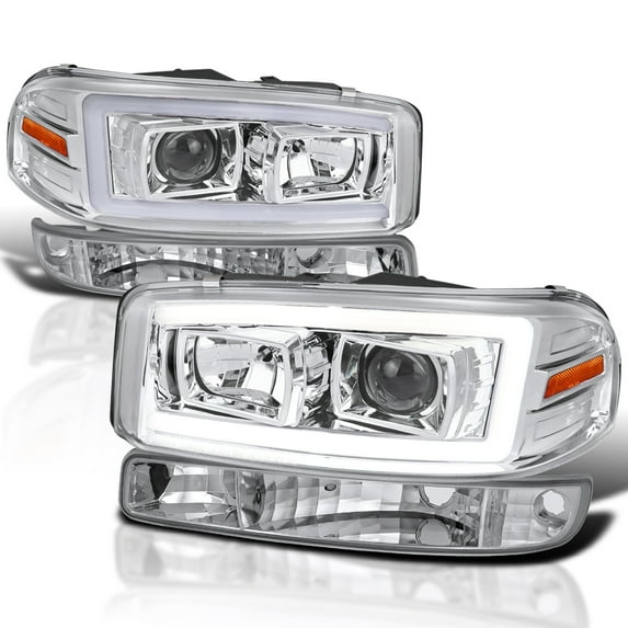 Spec-D Tuning Chrome LED Light Bar Projector Headlights + Bumper Lights Compatible with 1999-2006 GMC Sierra 1500/2500/3500, Left + Right Pair Headlamps Assembly