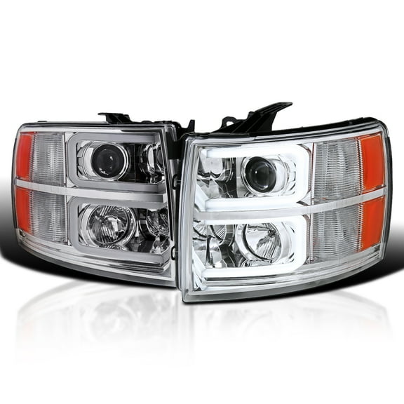 Spec-D Tuning Chrome LED Tube Projector Headlights Compatible with 2007-2013 Chevy Silverado 1500, 2007-2014 Chevy Silverado 2500 HD 3500 HD, Left + Right Pair Headlamps Assembly