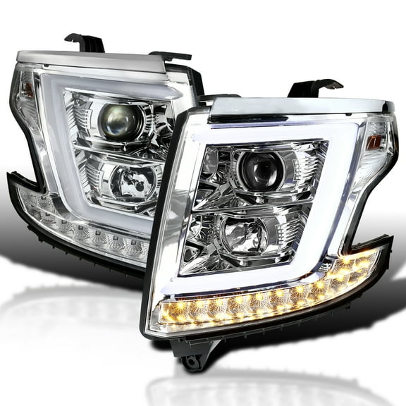 Spec-D Tuning Chrome LED Light Bar Projector Headlights Compatible with 2015-2020 Chevy Tahoe, Suburban, Left + Right Pair Headlamps Assembly