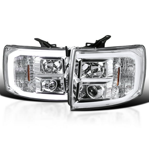 Spec-D Tuning Chrome LED Light Tube Projector Headlights Compatible with 2007-2013 Chevy Silverado 1500 2500HD 3500HD, Left + Right Pair Headlamps Assembly