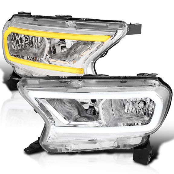 Spec-D Tuning Chrome LED Strip Headlights w/Switchback and Sequential Turn Signals & Dynamic Startup Effect Compatible with 2019-2023 Ford Ranger XL / XLT, Left + Right Pair Headlamps Assembly