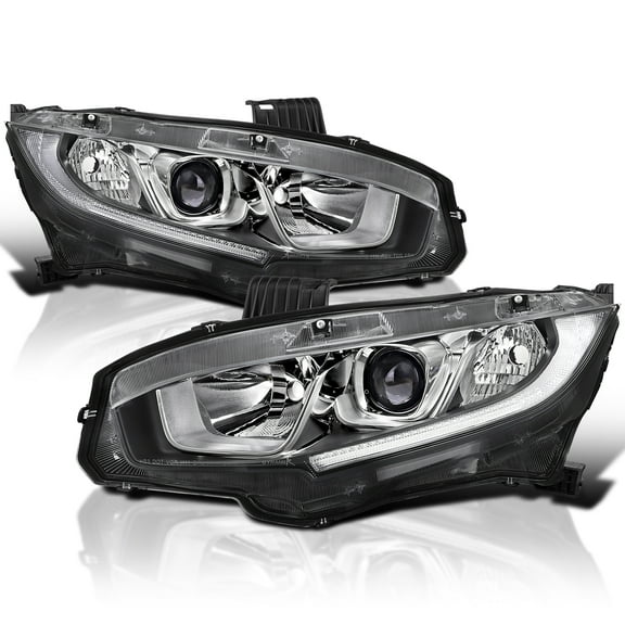 Spec-D Tuning Chrome LED Strip Projector Headlights Compatible with 2016-2021 Honda Civic 10th Gen Halogen Models, Left + Right Pair Headlamps Assembly