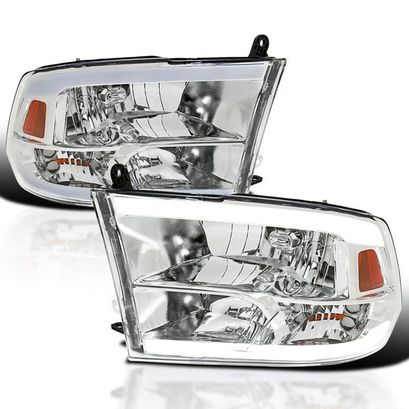 Spec-D Tuning Chrome LED Strip Quad Style Headlights Compatible with 2009-2018 Dodge Ram 1500 2500 3500 Left + Right Pair Headlamps Assembly