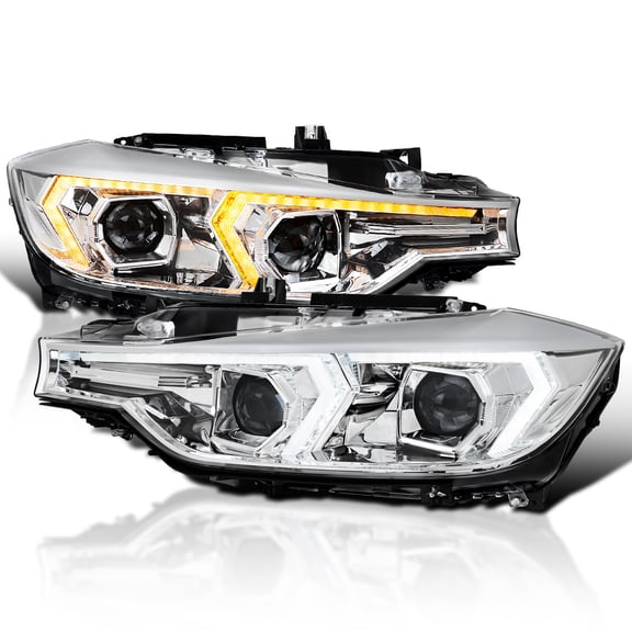 Spec-D Tuning Chrome LED Switchback Projector Headlights w/ Sequential Signal & Startup Animation Compatible with 2012-2015 BMW 3 Series F30 Sedan, Left + Right Pair Headlamp Assembly